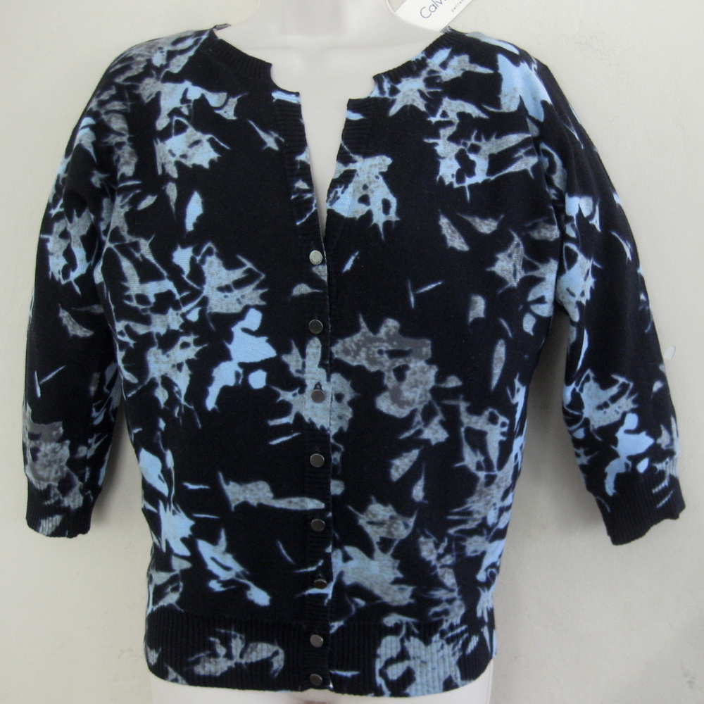 NWT Calvin Klein print cardigan P Navy blue Pure cotton Light Sweater Petite